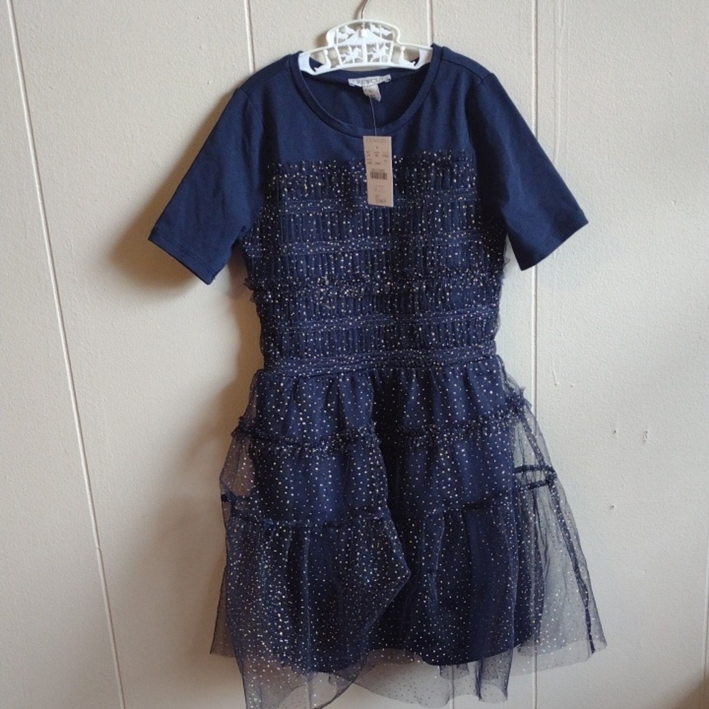 J. Crew Blue and Silver Ruffled Tiered Dress